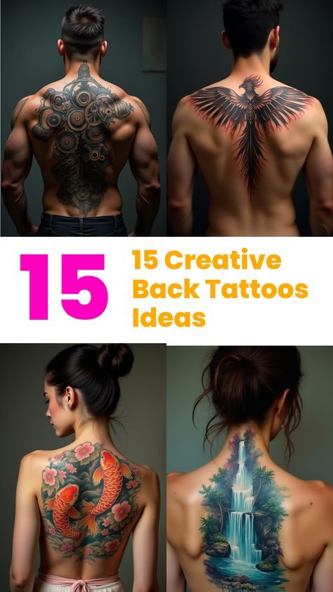 Creative Back Tattoos, Waterfall Tattoo Design, Cool Back Tattoos For Women, Back Tattoos Ideas, Unique Back Tattoos, Beautiful Back Tattoos, Gear Tattoo, Cool Back Tattoos, Anatomical Heart Tattoo