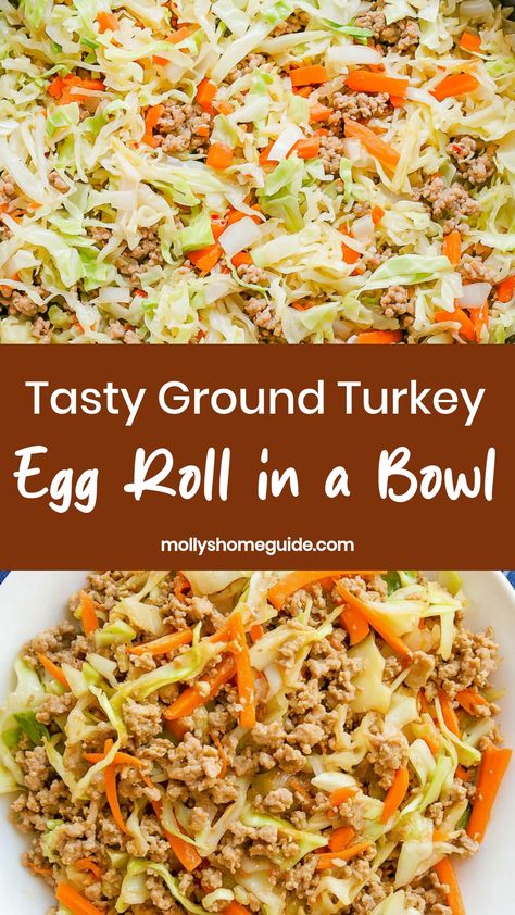 Discover a delicious and easy dinner idea with this flavorful ground turkey egg roll in a bowl recipe. Packed with savory flavors and fresh veggies, this dish is perfect for busy weeknights or meal prep. Make a big batch to enjoy throughout the week or bring it to your next potluck for a crowd-pleasing option. This recipe simplifies the classic egg roll into a tasty one-pan meal that everyone will love. Eggroll In A Bowl With Ground Turkey, Ground Turkey Recipes With Vegetables, Meatless Egg Roll In A Bowl, Egg Roll In A Bowl Easy, Egg Roll In A Bowl Turkey, Chicken Eggroll In A Bowl Recipe, Enroll In A Bowl, Ground Turkey Recipes Healthy Meal Prep Low Carb, Turkey Egg Roll In A Bowl