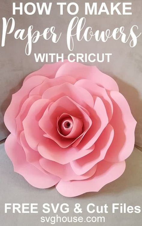 Learn how to make paper flowers with Cricut. Includes free paper flower templates with SVG, DXF and PDF files, so you can cut by hand too. Flowers With Cricut, Free Paper Flower Templates, Make Paper Flowers, Idee Cricut, Easy Paper Flowers, Paper Flower Wall Decor, Large Paper Flowers, Paper Flower Crafts, Paper Flower Template