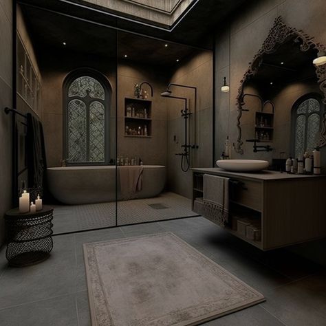 Big Dark Bathroom, Dark Academia House Interior Kitchen, Bathroom Academia, Dark Esthetics House, Dark Castle Bathroom, Dark Feminine House Aesthetic, Dark Academia Modern House, Vintage Gothic Bathroom, Dark Academia Aesthetic House Interior