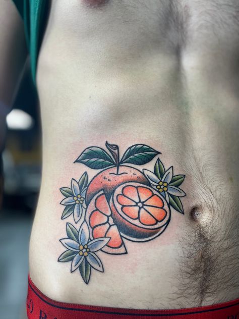 Orange Tattoo American Traditional, American Traditional Fruit, Orange Tattoo Traditional, American Traditional Fruit Tattoo, American Traditional Patchwork Sleeve, Traditional Fruit Tattoo Black, American Traditional Peach Tattoo, Neo Traditional Orange Tattoo, American Traditional Leg Tattoo