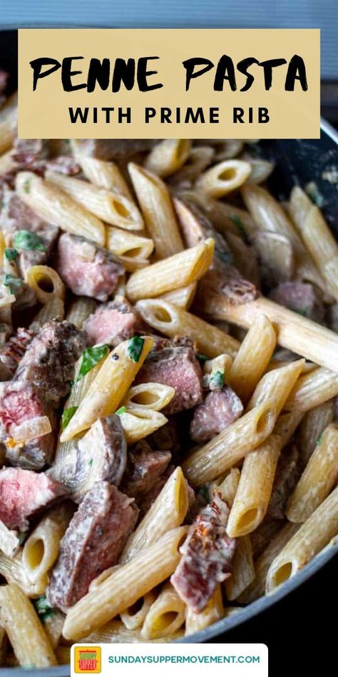 Looking for ideas on what to do with leftover prime rib? Or maybe you just want to prepare a mouth-watering ribeye recipe? This copycat Creamy Penne Pasta with Sliced Prime Rib is just what you need! This is a restaurant-style creamy pasta recipe that's full of flavors and so easy to make! It's just like Applebees creamy penne pasta with sliced prime rib, but even more delicious. #SundaySupper #primerib #ribeyesteak #pastarecipes #pasta #pastas #pennepasta #copycatrecipe Pasta With Leftover Steak, Ribeye Steak Pasta Recipes, Ribeye Recipes Meals, Leftover Steak Pasta, Leftover Ribeye Roast Recipes, Prime Rib Leftover Recipes Ideas, Steak Leftovers Ideas Easy Dinners, What To Make With Leftover Prime Rib, Leftover Steak Pasta Recipes