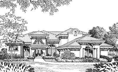 HousePlans.com 417-365 Mediterranean Style House, Mediterranean House Plan, Courtyard Entry, Blueprint Pictures, Mediterranean Style House Plans, Elevation Plan, Mediterranean House Plans, European Style House, European House Plan