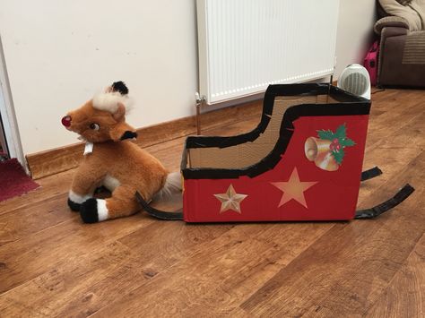 Cardboard Sleigh. Cardboard Box Sleigh, Cardboard Box Santa Sleigh, Cardboard Box Sled Ideas, Diy Cardboard Sleigh, Cardboard Sleigh, Christmas Fayre Ideas, Christmas Fair Ideas, Kids Wagon, Grinch Who Stole Christmas