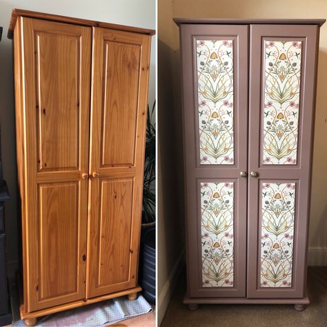 Refurbished Wardrobe Ideas, Painted Pine Wardrobe, Wallpaper Armoire, Pine Wardrobe Upcycle, Pine Wardrobe Makeover, Wardrobe Upcycle Ideas, Wallpapered Wardrobe, Painted Wardrobe Ideas, Refurbished Wardrobe