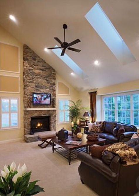 Vaulted Ceiling Skylight Living Room, Vaulted Ceiling Living Room, Slanted Ceiling, Corner Fireplace, Room Additions, Living Room Remodel, Livingroom Layout, Room Remodeling, Living Room With Fireplace