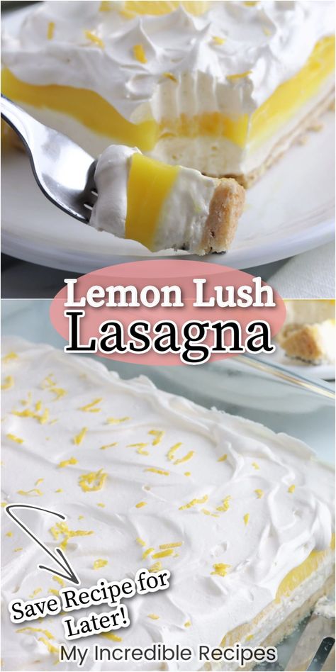 Lemon lush lasagna is the most delicious dessert you will ever try! This dessert lasagna is made up of a crust, a cream cheese layer, a pudding layer, and finally a whipped cream topping. Together, these layers make a creamy and flavorful lemon lasagna that's perfect for summer! Lemon lush lasagna is so easy to make and can be served at holidays, parties, and more! Try this amazing lemon lasagna dessert today! Lemon Lasagna Dessert, Lemon Lasagna, Lasagna Dessert, Lemon Lush Dessert, Dessert Lasagna, Lush Dessert, Lush Recipes, Lemon Lush, Whipped Cream Topping