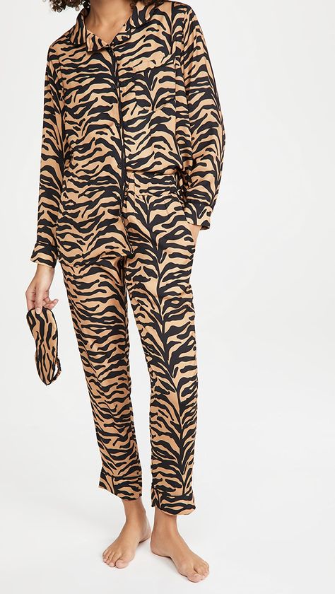 Plush Silky Tiger Pajama + Eyemask Set | SHOPBOP Wool Tights, Women's Sleepwear, Tiger Stripes, Girls Wardrobe, Soft Leggings, China Fashion, Sleepwear Women, Stripe Print, Latest Design