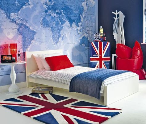 British Invasion: 24 Union Jack Furniture and Decor Ideas there's a Union Jack mini fridge!!! British Bedroom, Girls Bedroom Storage, Teenager Bedroom Boy, Teenage Boy Room, Boy Bedroom Design, Teen Boy Bedroom, Boys Bedroom Decor, Teenage Bedroom, Boy Bedroom