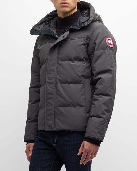 "Find CANADA GOOSE Macmillan Down Parka on Editorialist. Canada Goose \"Macmillan\" quilted parka Adjustable downfilled hood adds warmth and element protection Chin guard is lined with tricot fabric for softness and comfort Placket with snap closures over 2way zipper keeps the elements out Storm flap underneath 2way zipper adds a layer of protection Backpack straps allow jacket to be carried handsfree over the shoulders Sleeve cuffs reinforced with CORDURA® fabric for added durability in highabrasion areas Polyester/cotton Lining: Recycled nylon Fill: Down/feather Dry clean Made in Canada" Canada Goose Macmillan, Canada Goose Parka, Canada Goose Mens, Quilted Parka, Navy Coat, Tricot Fabric, Hooded Parka, Down Feather, Quilted Coat