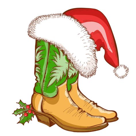 Christmas Cowboy Boots, Leather Ornaments, Santa Hat Vector, Christmas Clipart Free, Ideas For Painting, Christmas Cowboy, Cowboy Santa, Christmas Rocks, Painted Cards