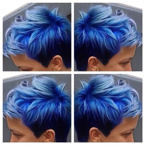 Hair Blonde And Blue Hair Ombre Short, Mermaid Pixie Hair, Pixie Blue Hair, Edgy Short Hair Color Ideas, Blue Short Hair Color, Blue Hair Short Pixie Cuts, Vivid Pixie Hair, Fantasy Hair Color Short, Funky Short Hair Cuts