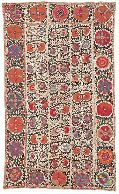 Suzani Rug, a type of antique embroidered textile produced in Kazakhstan, Tajikistan and Uzbekistan. They are embroidered and then multiple pieces are stitched together. Usually the motifs used are the botah motif and other flowers such as tulips, wild hyacinths and pomegranate blossoms. Suzani derives from the Persian word for needle and to the coverings and embroidered hangings. Suzani Rug, Asian Textiles, Turkish Textiles, Pattern Design Inspiration, Woven Rugs, Antique Carpets, Antique Textiles, Silk Embroidery, Persian Carpet