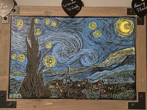 Chalkboard pen chalkboard van gogb starry night Starry Night Chalk Art, Chalk Pen Art, Chalk Markers Art, Chalk Wall, Chalkboard Drawings, Chalk Pens, Chalk It Up, Van Gogh Art, Chalk Drawings