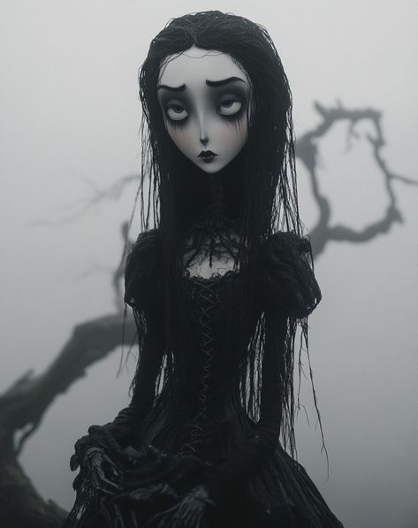 #aiart #aiartcommunity #aiartwork Doll Art Drawing, Horror Art Style, Goth Reference, Figuras Aesthetic, Creepy Doll Aesthetic, Creepy Puppet, Black Hair Art, Tim Burton Animation, Dolls Aesthetic