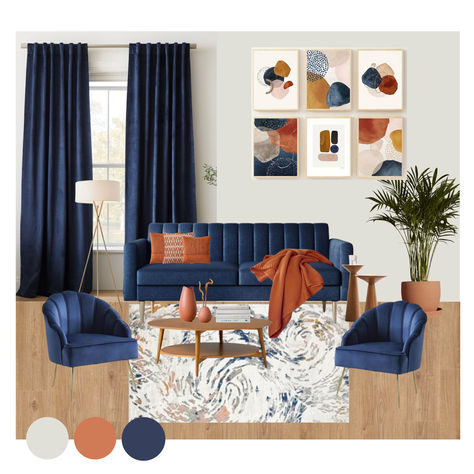 Don't be afraid to bring complementary color scheme into your room. Perfect for thoes who love a blend of contemporary style and vbrant hues. #ModernLivingRoom, #ContemporaryHomeDesign, #LivingRoomInspiration, #LivingRoomDesign, #HomeDesignIdeas, #LivingRoomFurniture, #ComplementaryColorScheme Navy And Peach Living Room, Orange Living Room Color Scheme, Cognac And Navy Living Room, Blue And Orange Living Room Color Scheme, Peach Living Room, Peach Living Rooms, Blue And Orange Living Room, Complementary Color Scheme, Navy And Peach