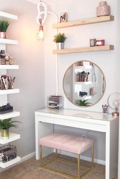 Simple Makeup Vanity Table #simpledesign #roundmirror ★ Check out makeup vanity table ideas for bedroom and small spaces. Pick vintage or modern furniture design. Fill in drawers and shelves with treasures. ★ See more: https://glaminati.com/makeup-vanity-table-designs/ #vanitytable #makeupvanity #vanitymirror #glaminati #lifestyle Rum Inspo, Makeup Vanity Table, Table Vanity, Dressing Table Design, Makeup Table Vanity, White Desk, Vanity Room, Cute Dorm Rooms, Bilik Tidur