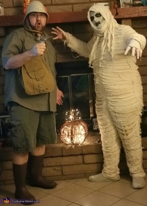 Mummy and Archeologist Couple's Halloween Costume Idea Mummy Couple Costume, Archeologist Costume, Creative Couples Costumes, Diy Halloween Costumes For Couples, Creative Diy Halloween Costumes, Couple's Costume, Mummy Halloween Costume, Couple Halloween Costume, Couples Costumes Creative