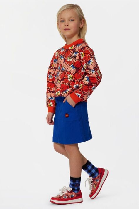 a little girl in a red shirt and blue skirt Kenzo Sweatshirt, Floral Joggers, Floral Sweatshirt, Kenzo Paris, Flower Sweatshirt, Paris Logo, Orange Hues, Skirts For Kids, Clothing Sites