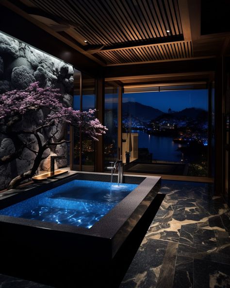 Stone and Wood Bathrooms with a View of Kyoto City Black Home Aesthetic, Luxury Jacuzzi, Dark Modern Home, Bathroom With A View, Bathtub Aesthetic, Jacuzzi Room, Indoor Jacuzzi, Japanese Bathroom, Hot Tub Room