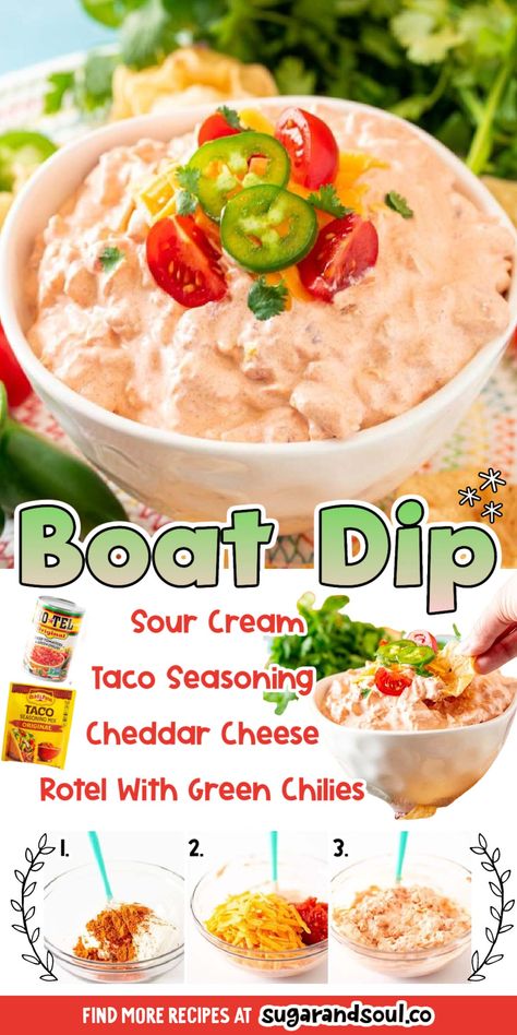 Boat Dip is Tiktok's favorite dip recipe that's filled with mouthwatering Mexican flavor and is made with only 4 ingredients in 5 minutes! This chilled dip makes the best summertime snack! via @sugarandsoulco Boat Dip, Delicious Dips Recipes, Best Appetizer Recipes, Dip Recipes Easy, Lake Food Ideas Summer, Food Ideas Summer, Lake Food Ideas, Boat Food, Lake Food