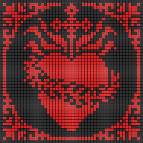 Sacred Heart Crochet Pattern, Crochet Grid Patterns Words, Sacred Heart Cross Stitch, Raven Alpha Pattern, Goth Cross Stitch Pattern Free, Heart Tapestry Crochet Pattern, Pixel Art Pattern Aesthetic, Goth Tapestry Crochet, Hozier Alpha Pattern