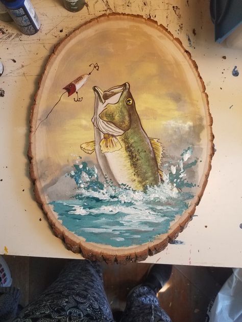 Pictures Of Fish To Paint, Bass Fishing Painting, Bass Watercolor Paintings, Bass Fish Painting Easy, Acrylic Fishing Painting, Bass Fish Painting Acrylic Easy, Trout Painting Acrylic, Bass Painting Easy, Fish Paintings Acrylic