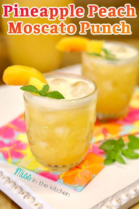 Add this Pineapple Peach Moscato Punch recipe for your next get together for a quick and easy cocktail that everyone will love. Moscato Punch Recipes, Moscato Punch, Peach Moscato, Fruit Lemonade, Easy Party Drinks, Mango Vodka, Vodka Recipes Drinks, Pitcher Cocktails, Pineapple Cocktail