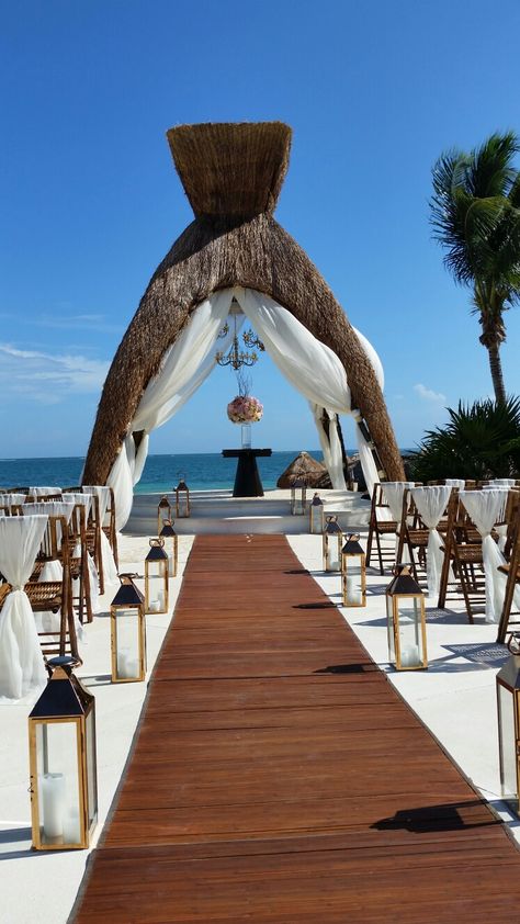 Wedding Decorations Candles, Flowing Curtains, Mexican Beach Wedding, Gazebo Wedding Decorations, Gold Beach Wedding, Dreams Riviera Cancun Resort, Riviera Cancun Wedding, Bamboo Chairs, Young Wedding