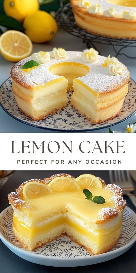 Lemon Custard Cake – A Deliciously Zesty Treat  Ingredients: For the Cake: 1 egg½ cup | 80g sugar ⅓ cup | 80ml sunflower seed oil Zest of 1 lemon 1½ cups | 180g flour 1 tsp | 5g baking powder 3 tbsp | 40ml milk  #Lemon #Cake Cakes With Custard Filling, Lemon Custard Cake Recipe, Extreme Lemon Bundt Cake Recipe, Egg White Desserts, Birds Milk Cake Recipe, Fancy Fall Desserts, Best Lemon Desserts, Lemon Custard Cake, Lemon Ideas