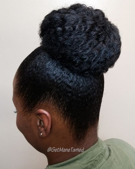 Natural Hair Top Bun, Faux Hawk Natural Hair, Natural Top Bun, Faux Bun Natural Hair, Natural Hair Bun For Black Women, Faux Bun Natural Hair Updo, 4c Top Knot Bun, Bun Faux Hawk, Natural Hair Buns