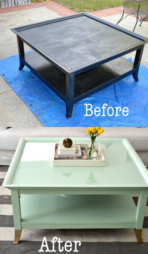 Old black coffee table from craigslist painted mint green with gold feet! great and easy DIY! Mint Coffee, Coffee Table Ideas, Black Coffee Table, Coffee Table Makeover, Kitchen Table Makeover, Black Coffee Tables, Table Makeover, Simple Green, Refurbished Furniture