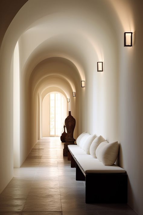 Hallway inspired by a combination of Japanese furniture and objects with rounded plaster walls and ceiling. Let me know what you think! - #interiordesign #japandi #wabisabi #hallway #serene #soft Curved Ceiling Hallway, Wabi Sabi Hallway, Round Ceiling Design, Plaster Interior Walls, Japandi Ceiling, Japandi Hallway, Plaster Interior, Arch Ceiling, Luxury Bedroom Lighting