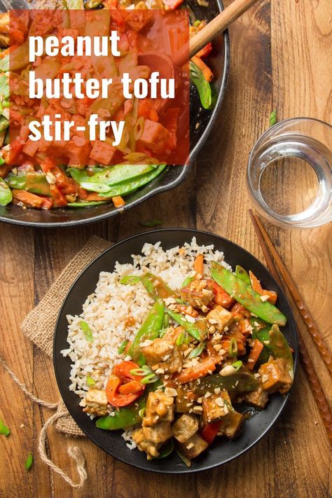 Crispy and vibrant veggies are stir-fried luscious peanut-hoisin sauce to make this flavorful and colorful peanut butter tofu stir-fry. Packed with flavor and on the table in under 30 minutes! #tofustirfry #tofurecipes #veganrecipes Peanut Butter Stir Fry, Peanut Butter Tofu, Butter Tofu, Vegan Stir Fry, Vegeterian Recipes, Vegan Entrees, Tofu Recipes Vegan, Vegan Asian Recipes, Tempeh Recipes