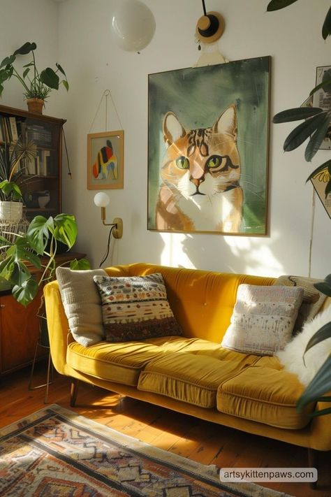 Mustard Couch Decor Ideas, Eclectic Living Room Throw Pillows, Yellow Velvet Sofa Living Room, Bold Apartment Decor, Mustard Couch Living Room, Yellow Accent Living Room, Mustard Couch Living Room Ideas, Mustard Sofa Living Room Ideas, Living Room Yellow Sofa