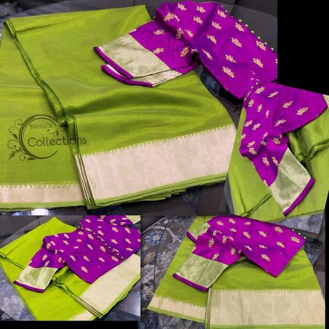 Parrot Green Contrast Colour, Green Contrast Color Combinations, Contrast Color Combinations, Saree Contrast Blouse, Green Contrast Color, Festival Saree, Mangalagiri Sarees, Plain Sarees, Brocade Blouse Designs