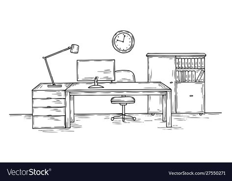 Office Room Sketch, Study Table Drawing Sketch, Study Room Drawing Sketch, Desktop Drawing Table, Desk Drawing Sketch, Workspace Illustration Drawings, Desk Sketch, Office Sketch, Workspace Illustration