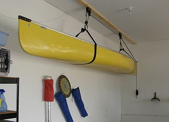 Canoe Storage Garage, Hanging Kayaks In Garage, Kayak Wheels, Fitness Rooms, Kayak Storage Garage, Canoe Storage, Canoe Rack, Garage Ceiling Storage, Garage Organization Ideas