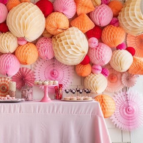 Paper Lanterns Birthday Party Decoration, Paper Fans And Balloons Backdrop, Honeycomb Ball Centerpiece, Honeycomb Ball Garland, Paper Ball Decorations, Paper Lantern Arch, Honeycomb Party Decor, Paper Honeycomb Decorations, Honeycomb Balls Decoration