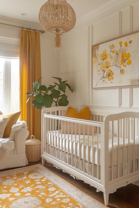 50 Simply Adorable Baby Girl Nursery Ideas You’ll Love! Yellow Baby Girl Nursery, Boho Baby Room Girl, Yellow Nursery Girl, Yellow Baby Room, Baby Girl Nursery Ideas, Girl Nursery Ideas, Boho Baby Girl Nursery, Boho Nursery Girl, Bright Nursery