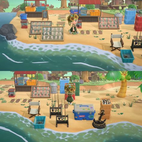 Animal crossing fish bait shop beach market build design idea Acnh Bait Shop, Acnh Fishing Market, Fish Shop Animal Crossing, Acnh Beach Fish Market, Acnh Beach Market, Animal Crossing Fishing Area, Animal Crossing Fish Market, Acnh Fishing Area, Beach Ideas Animal Crossing