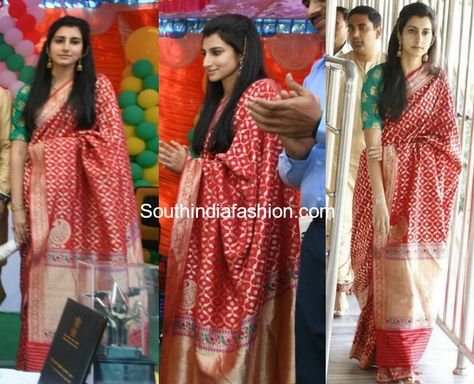 Nara Brahmani Saree, Nara Brahmani Jewellery, Nara Brahmani, Red Banarasi Silk Saree, Gold Jhumkas, Samantha In Saree, South Indian Bride Saree, Wardrobe Revamp, Bride Saree