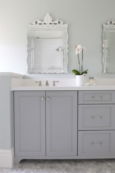 Cabinet painted in Coventry Gray Benjamin Moore. Studio McGee Design. Best Gray Paint, Gray Cabinet, Coventry Gray, Cabinet Paint, Gray Vanity, Built In Cabinet, Cabinet Paint Colors, Bad Inspiration, Bathroom Paint Colors