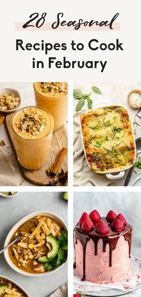 28 of the best seasonal, healthy recipes to cook in February! Celebrate seasonal produce like winter squash, citrus, broccoli, sweet potatoes and more with a new recipe for each day this month. You'll find sweet & savory breakfasts, delicious lunches & dinners, and plenty of chocolate just in time for Valentine's Day. February Recipes, Produce Recipes, Family Desserts, Recipes To Cook, Seasonal Desserts, Ambitious Kitchen, Seasonal Produce, Family Dinner Recipes, Seasonal Food