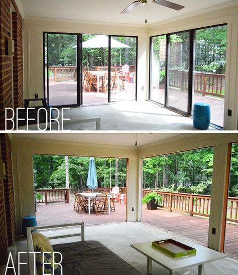 Open 'Er Up! (Converting A Sunroom Into A Veranda) | Young House Love Sunroom Remodel, Young House, Indoor Window, Young House Love, Deck With Pergola, Screened Porch, Back Patio, Back Porch, Home Staging