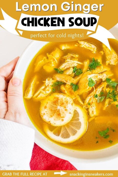 A bowl of lemon ginger chicken soup being held by a woman's hand. Lemon Ginger Chicken Soup, Best Healthy Soup, Dinner For A Cold, Chicken Soup For Colds, Lemon Ginger Chicken, Ginger Chicken Soup, Ginger Chicken Recipes, Chicken Soup Recipes Homemade, Turmeric Soup