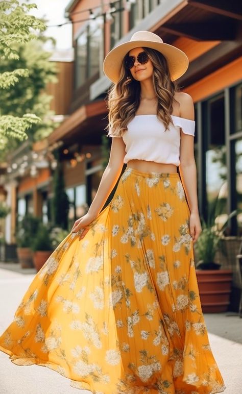 Yellow Printed Skirt Outfit, Yellow Floral Skirt Outfit, Marfa Photoshoot, Floral Skirt Outfits Aesthetic, Maxi Skirt Design, Flower Long Skirt, Yellow Skirt Outfits, Yellow Maxi Skirt, Printed Skirt Outfit