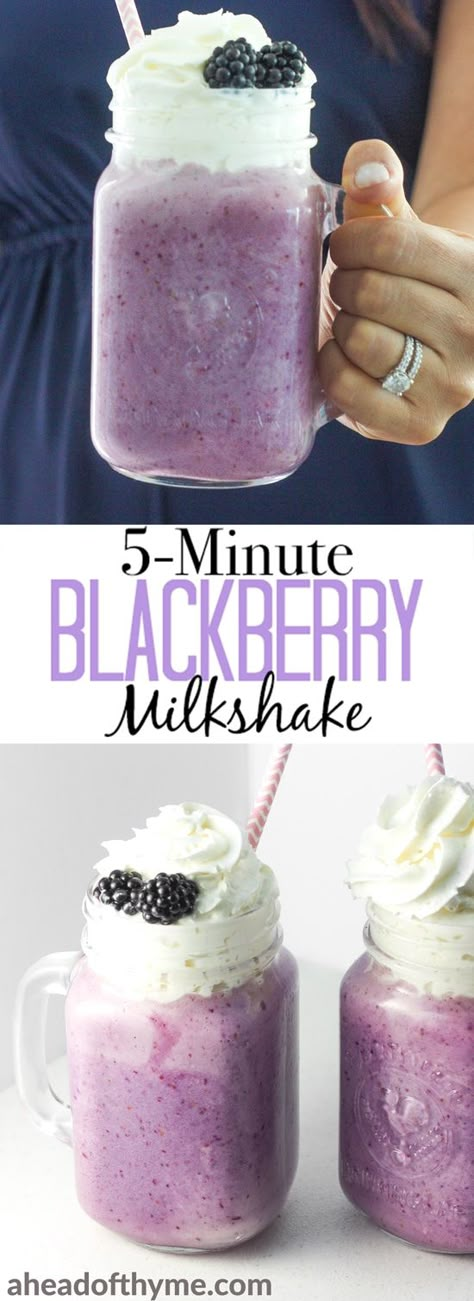 Looking for the perfect summer treat? Blend together fresh berries and ice cream to make creamy, quick and easy, 5-minute blackberry milkshake at home! | aheadofthyme.com #milkshake #blackberry #icecream #drink #beverage Quick Desserts To Make, Blackberry Milkshake, Milkshake At Home, Easy Milkshake, Desserts To Make At Home, Cake No Bake, Simple Dessert Recipes, Milkshake Recipe, Simple Dessert