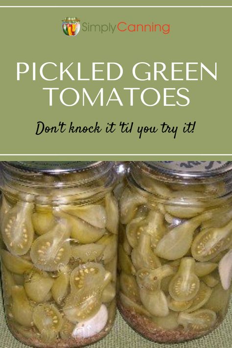 Pickled green tomatoes is an optimal way to preserve those tomatoes that aren’t quite ripe before the freeze - or any time! SimplyCanning.com teaches you how to make and preserve them easily. How To Pickle Tomatoes, How To Pickle Green Tomatoes, Pickled Green Tomatoes Canned, Canned Green Tomatoes, Pickled Green Tomatoes Recipe, Pickling Veggies, Tomato Pickle Recipe, Canning Instructions, Pickled Green Tomatoes