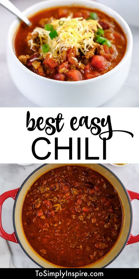 The best classic Chili recipe is one that everyone should have! It’s a comforting, hearty meal loaded with traditional flavors. Plus it's easy and budget-friendly and it’s ready in under an hour to top with cheese, sour cream, scallions, etc.! Quick Easy Chili Recipe, Chili Beans Recipe, Easy Beef Chili Recipe, Best Easy Chili Recipe, Stovetop Chili, Classic Chili Recipe, Beef Chili Recipe, Chili Beans, Classic Chili